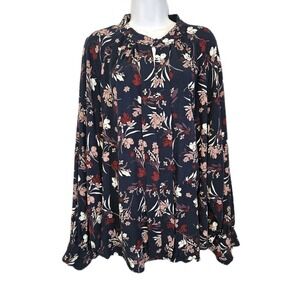 Liz Claiborne Blouse Womens Plus 3X Navy Blue Floral Long Sleeve Balloon Sleeve